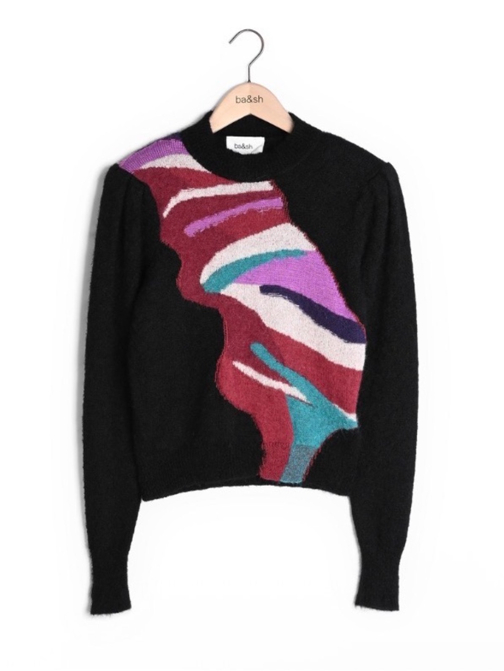 ba&sh Black Crewneck Sweater with Multicolor Abstract Wave Panel